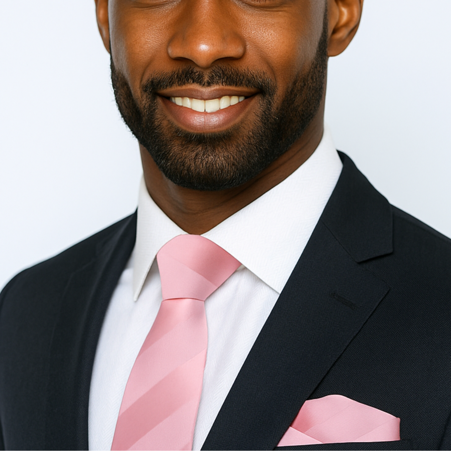 Man wearing a black suit with a pink tie and pocket square on a white background