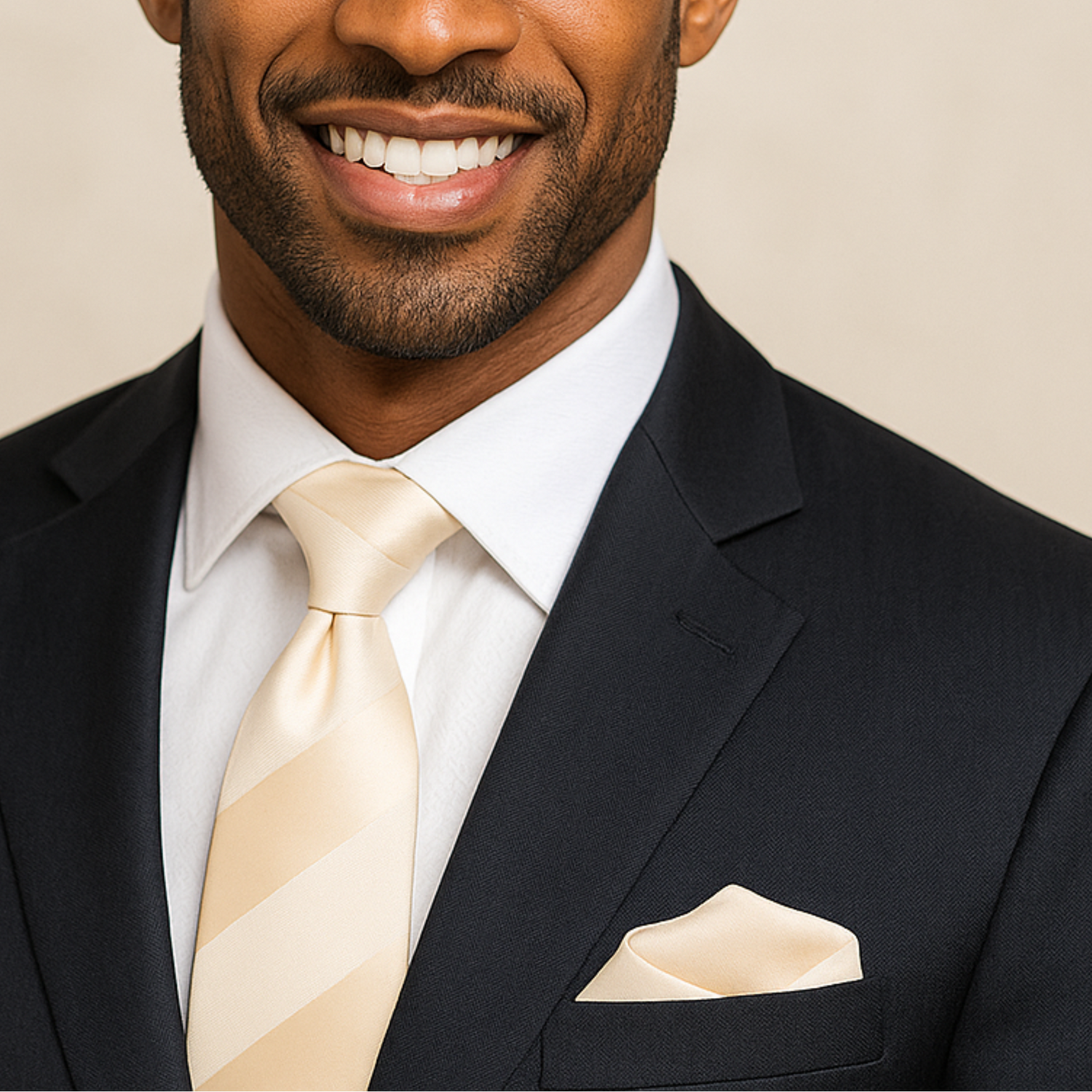Man wearing a black suit with a beige tie and pocket square against a beige background