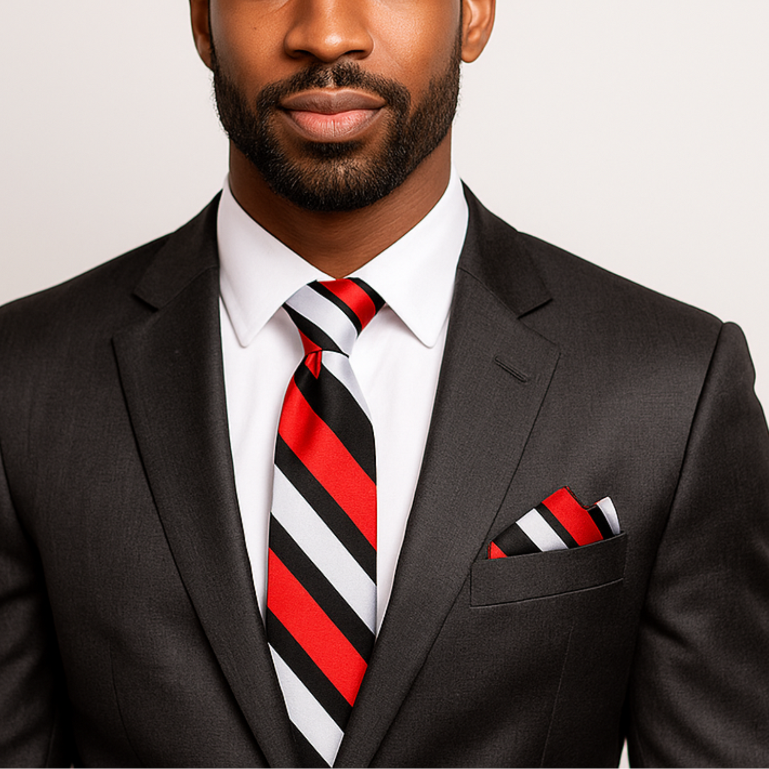 Man wearing a black suit with a red and white striped tie on a light background