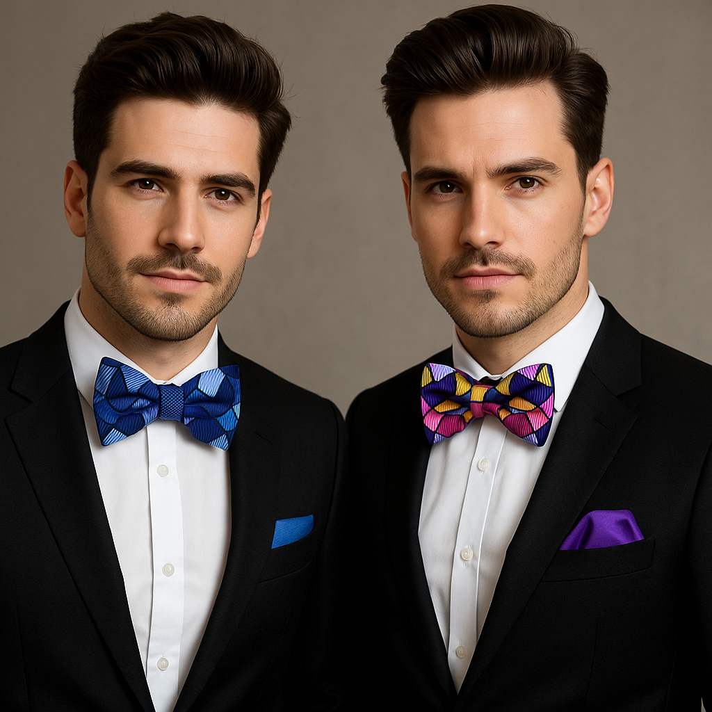 Two men in suits with colorful bow ties against a neutral background