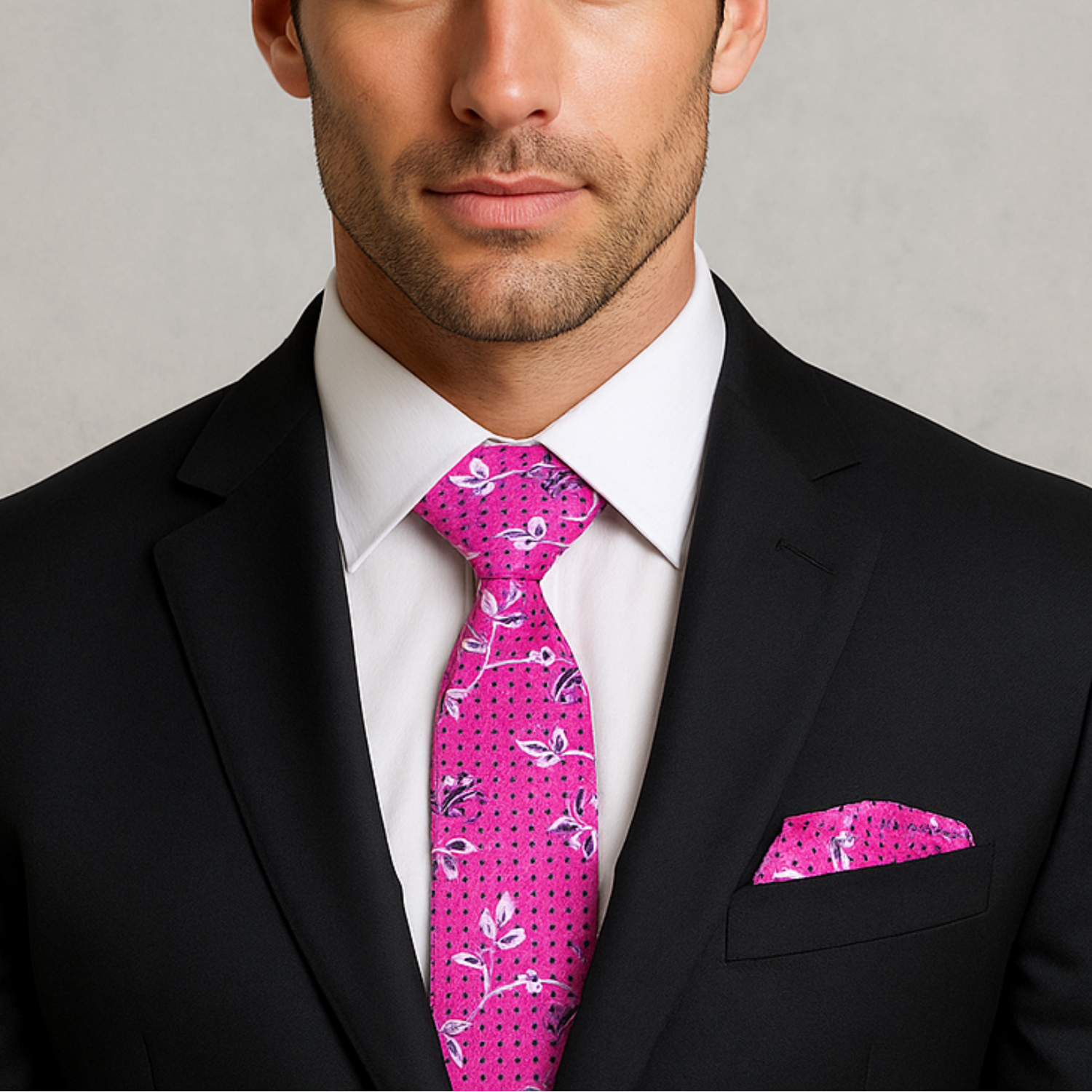 Man wearing a black suit with a pink patterned tie and pocket square on a gray background