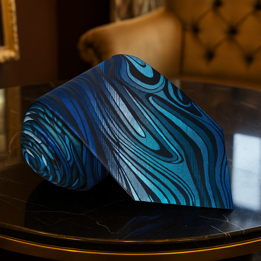 Blue and black patterned fabric roll on a dark surface