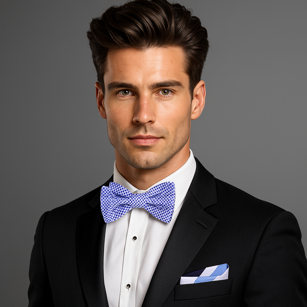 Man wearing a black suit with a blue bow tie and pocket square on a gray background