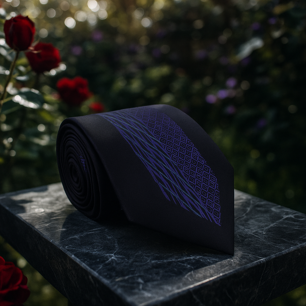 Black tie with blue pattern on a marble surface with blurred flowers in the background