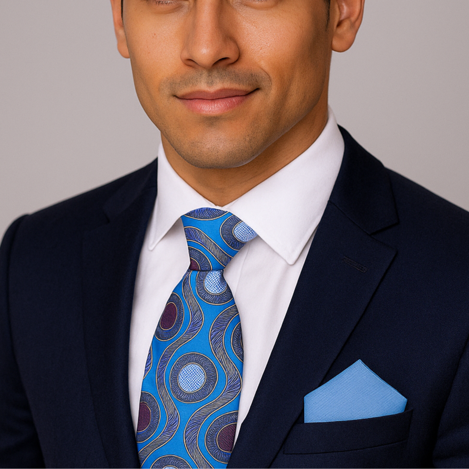 Man wearing a dark suit with a blue patterned tie and pocket square on a gray background