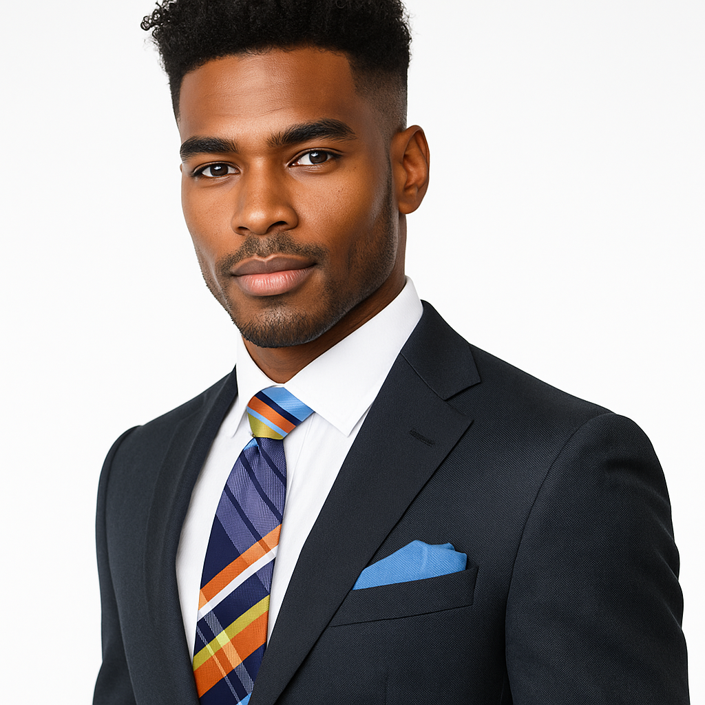 Man wearing a dark suit with a colorful striped tie on a white background