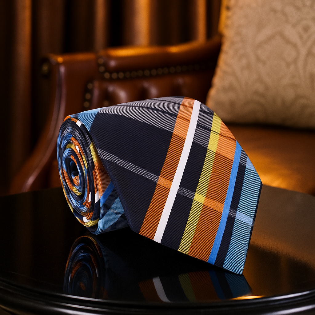 Rolled-up plaid tie on a dark surface with a blurred background