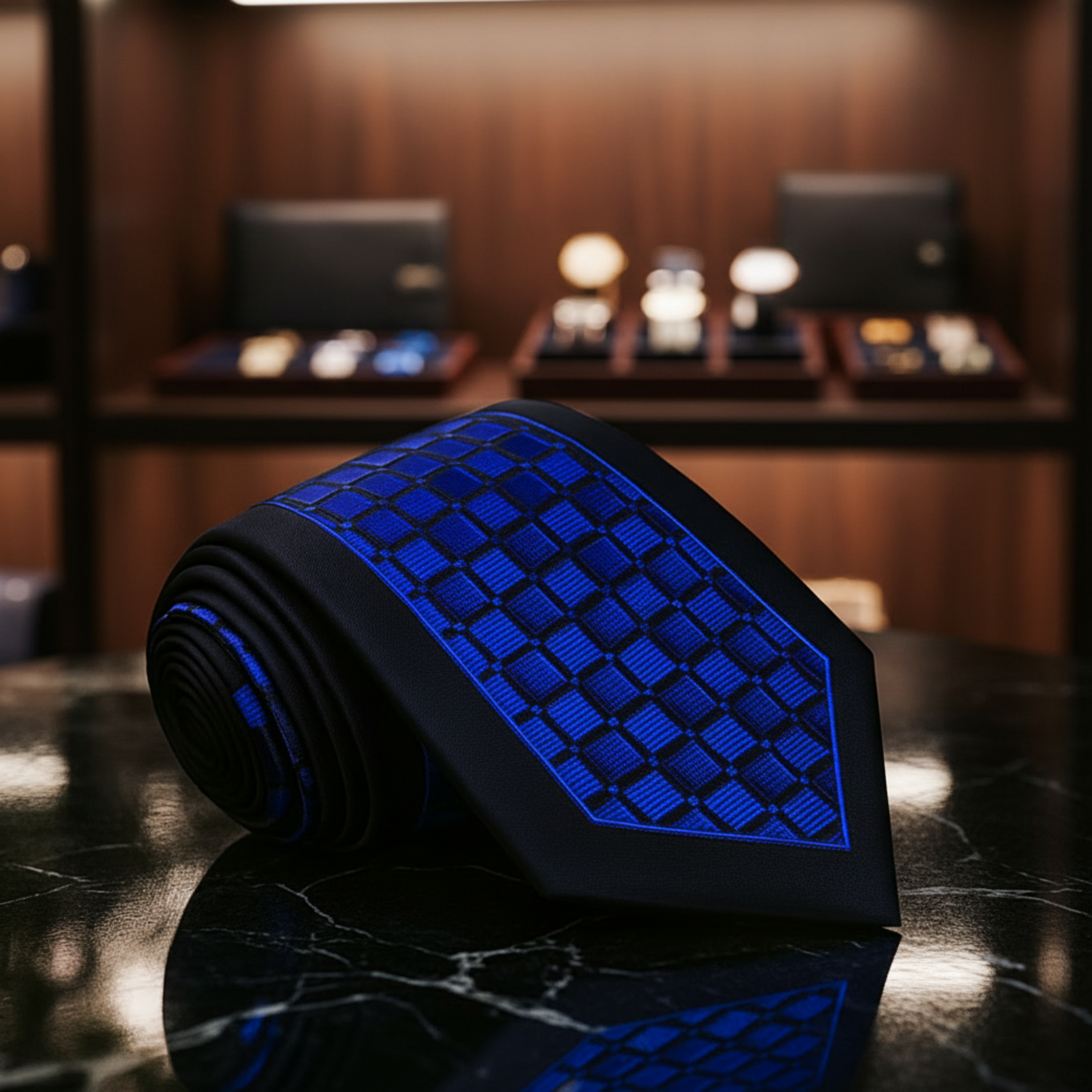 Black tie with blue geometric pattern on a reflective surface with blurred colorful background