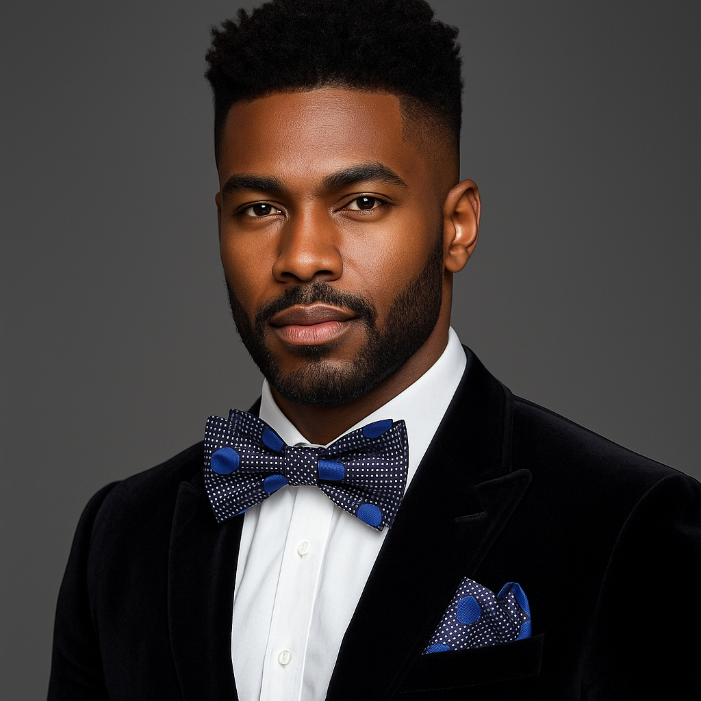 Man wearing a black suit with a blue bow tie and pocket square on a gray background