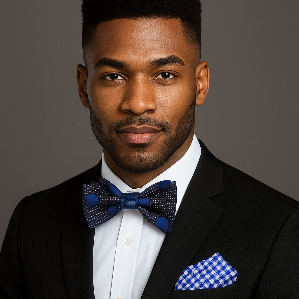 Man wearing a black suit with a blue bow tie and pocket square on a gray background