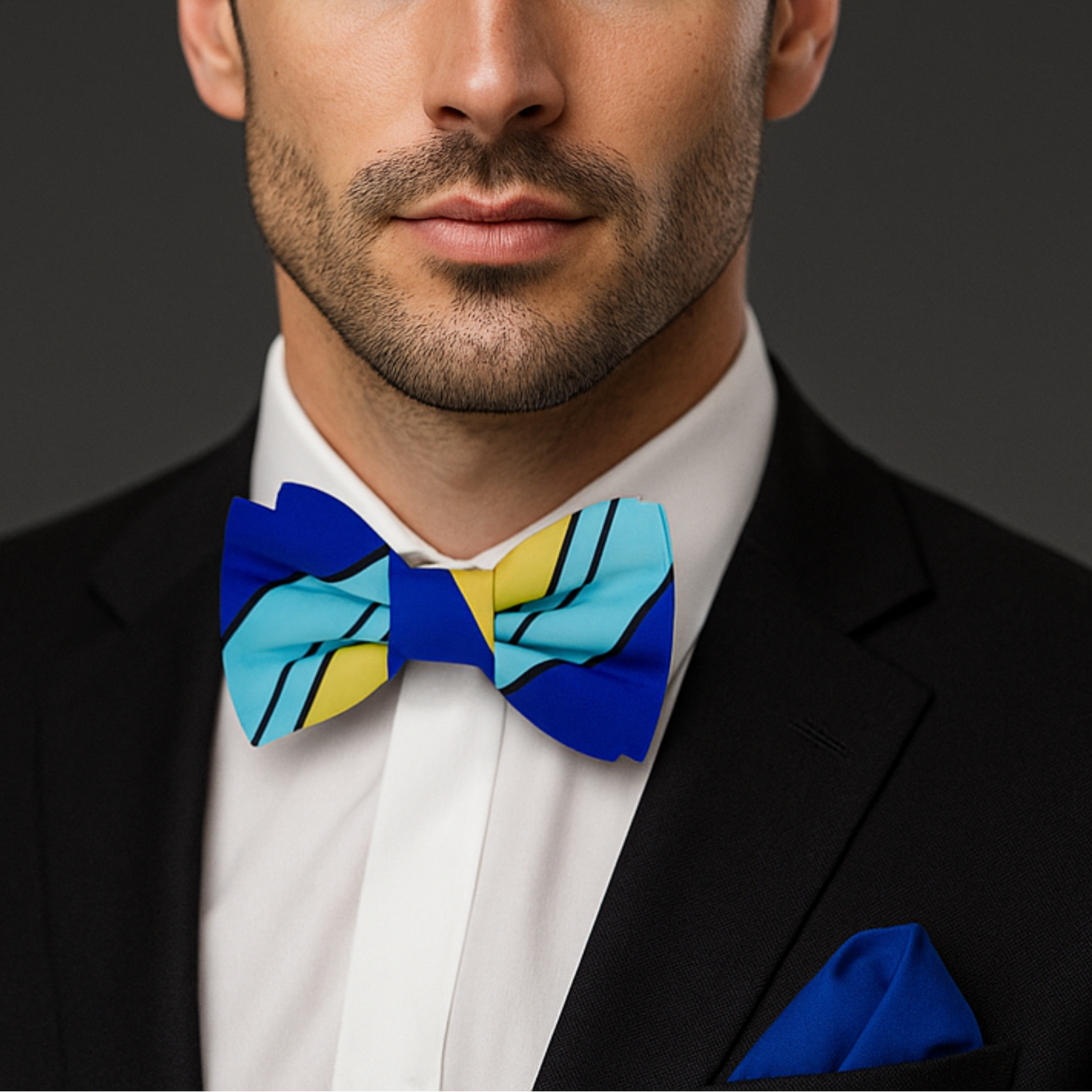 Man wearing a black suit with a colorful bow tie against a dark background