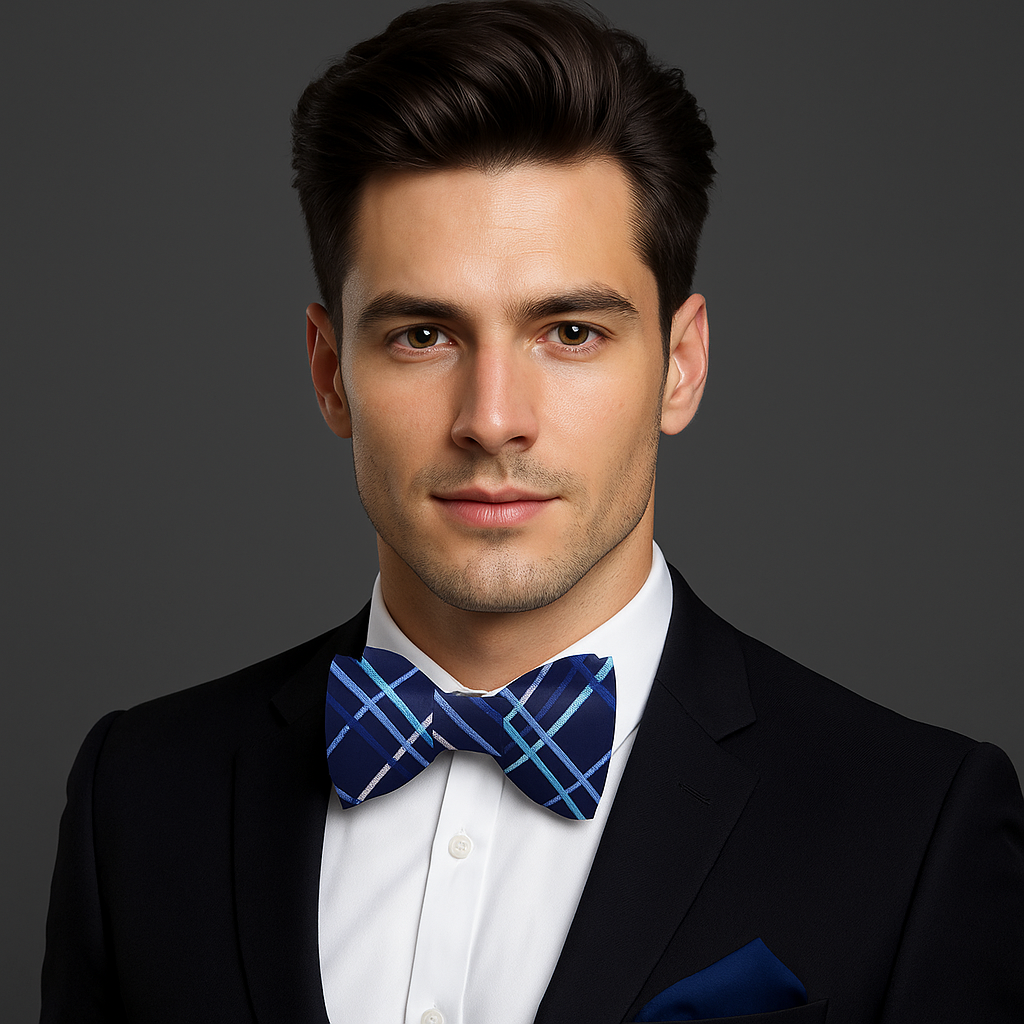 Man wearing a black suit with a white shirt and blue bow tie against a gray background