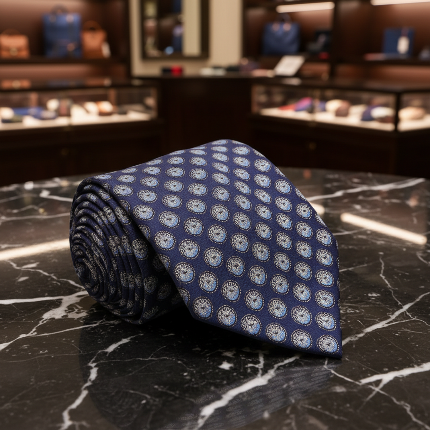 Roll of blue patterned tie on a wooden surface with blurred floral background