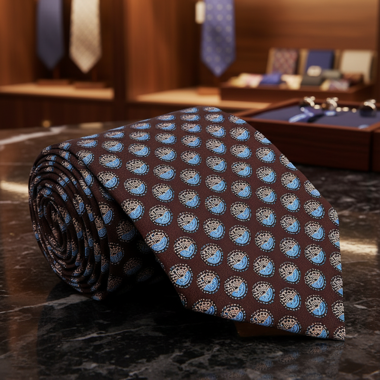 Rolled-up patterned tie on a wooden surface with a blurred floral background