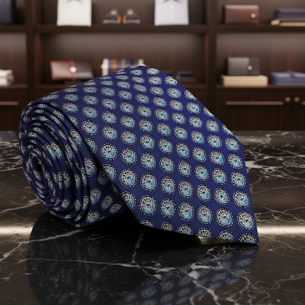 Rolled-up blue tie with circular patterns on a wooden surface with flowers in the background