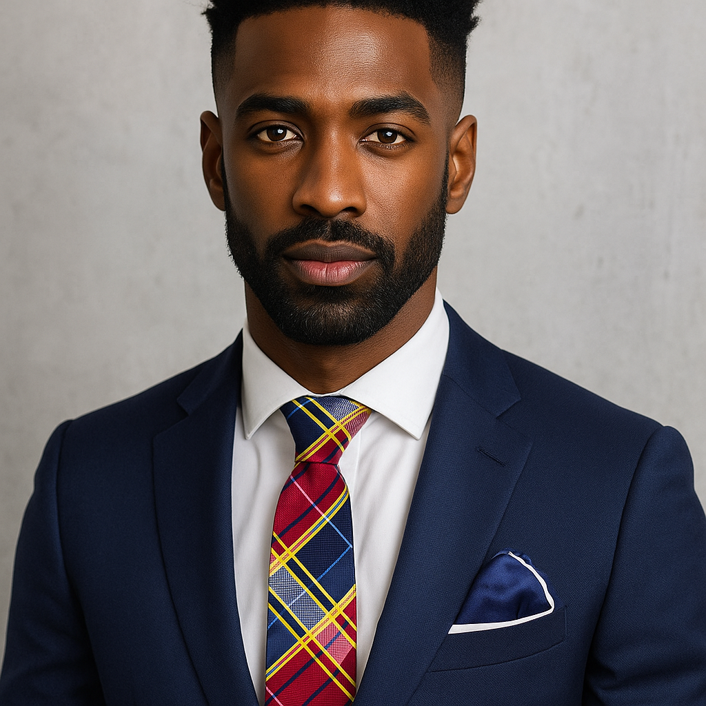 Man wearing a navy suit with a plaid tie against a gray background