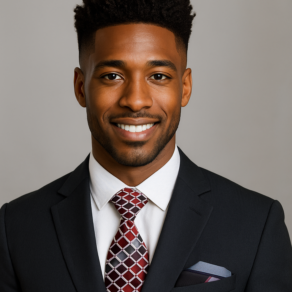 Man wearing a black suit with a red patterned tie against a gray background