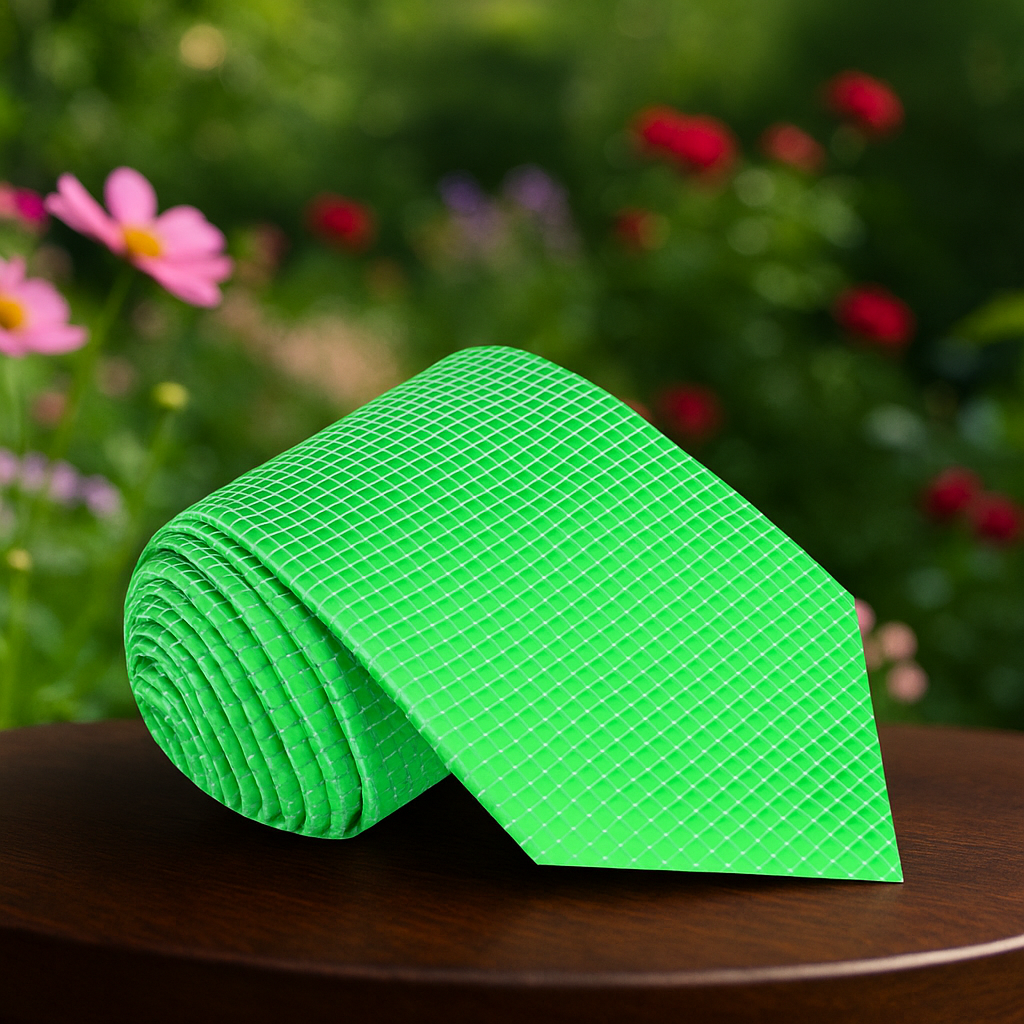 Green textured tie on a wooden surface with a blurred floral background