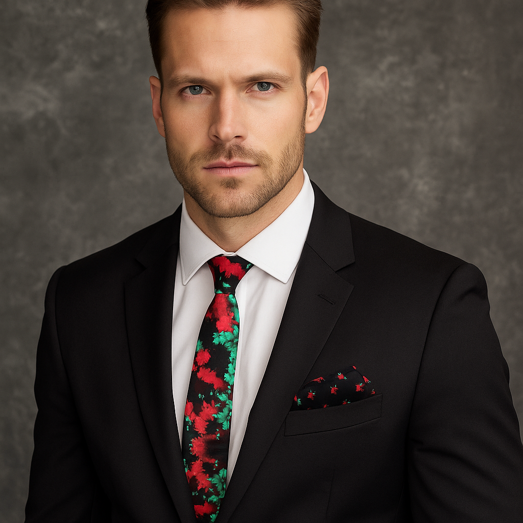 Man wearing a black suit with a colorful black, red and green abstract tie and pocket square against a gray background