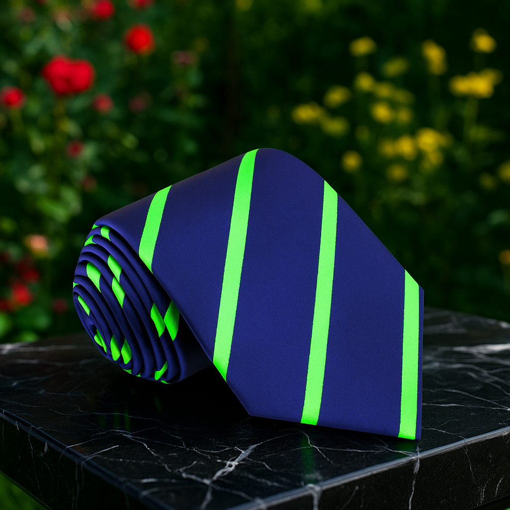 Blue tie with green stripes on a dark surface with a blurred floral background