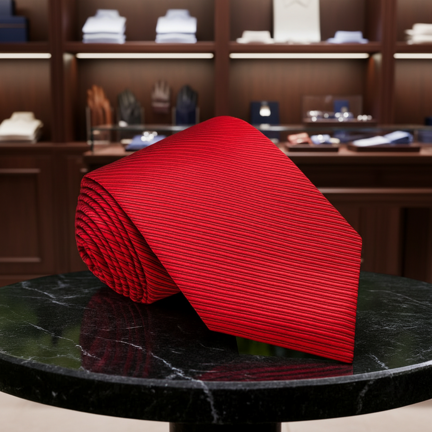 Red tie on a black marble surface with a blurred garden background