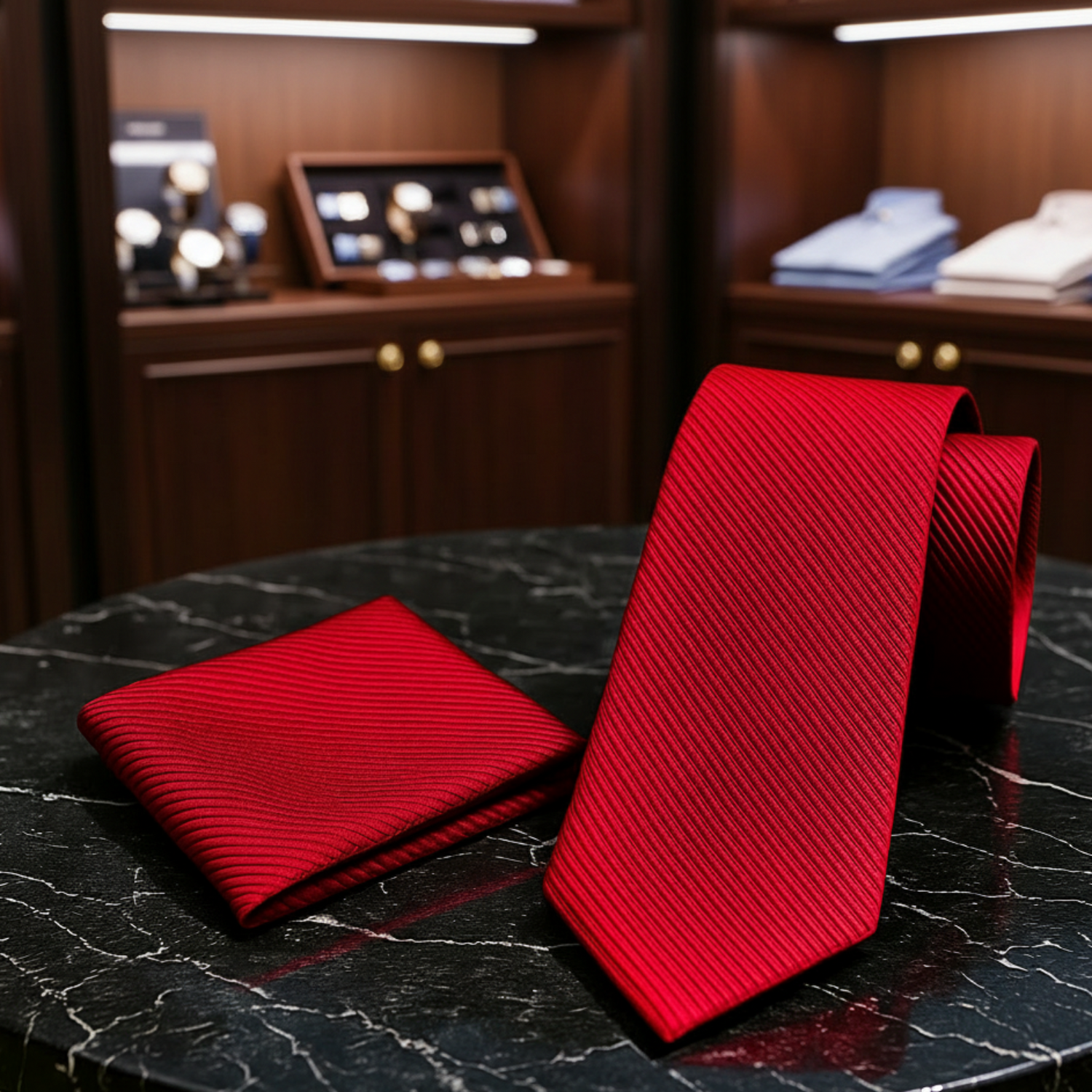 Red tie and matching pocket square on a black marble table with flowers in the background
