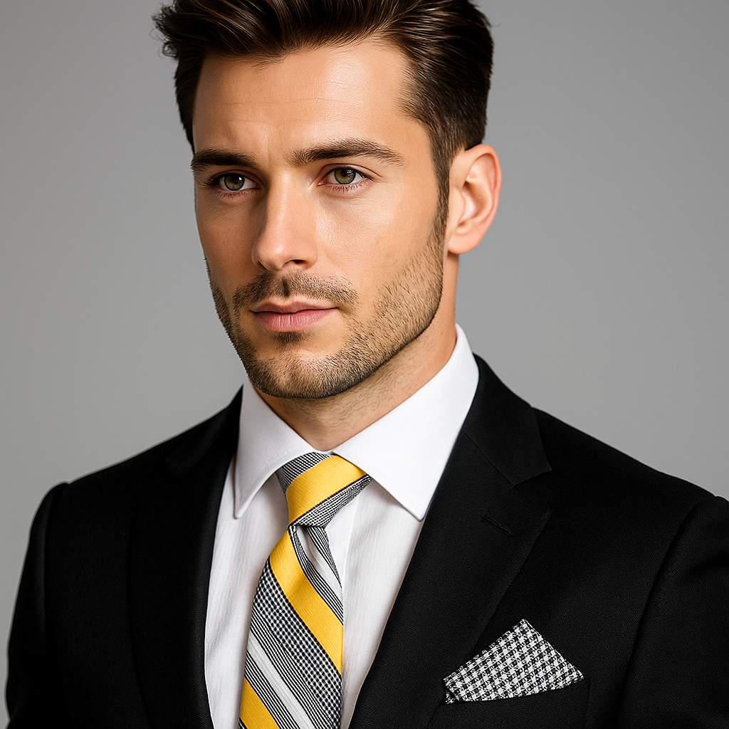 Man wearing a black suit with a yellow tie against a gray background