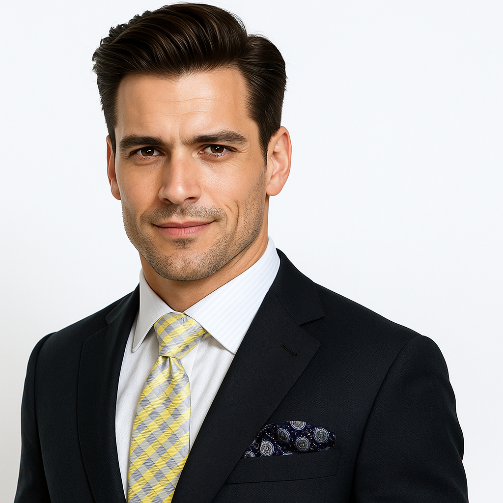 Man wearing a dark suit with a yellow checkered tie and patterned pocket square on a white background