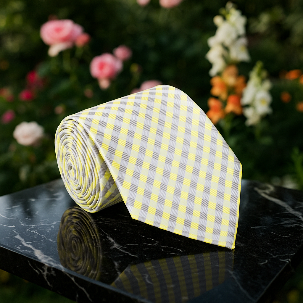 Rolled-up yellow and gray checkered tie on a reflective surface with flowers in the background