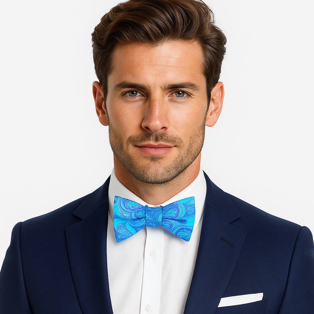 Light Blue Paisley Bow Tie and Accenting Pocket Square