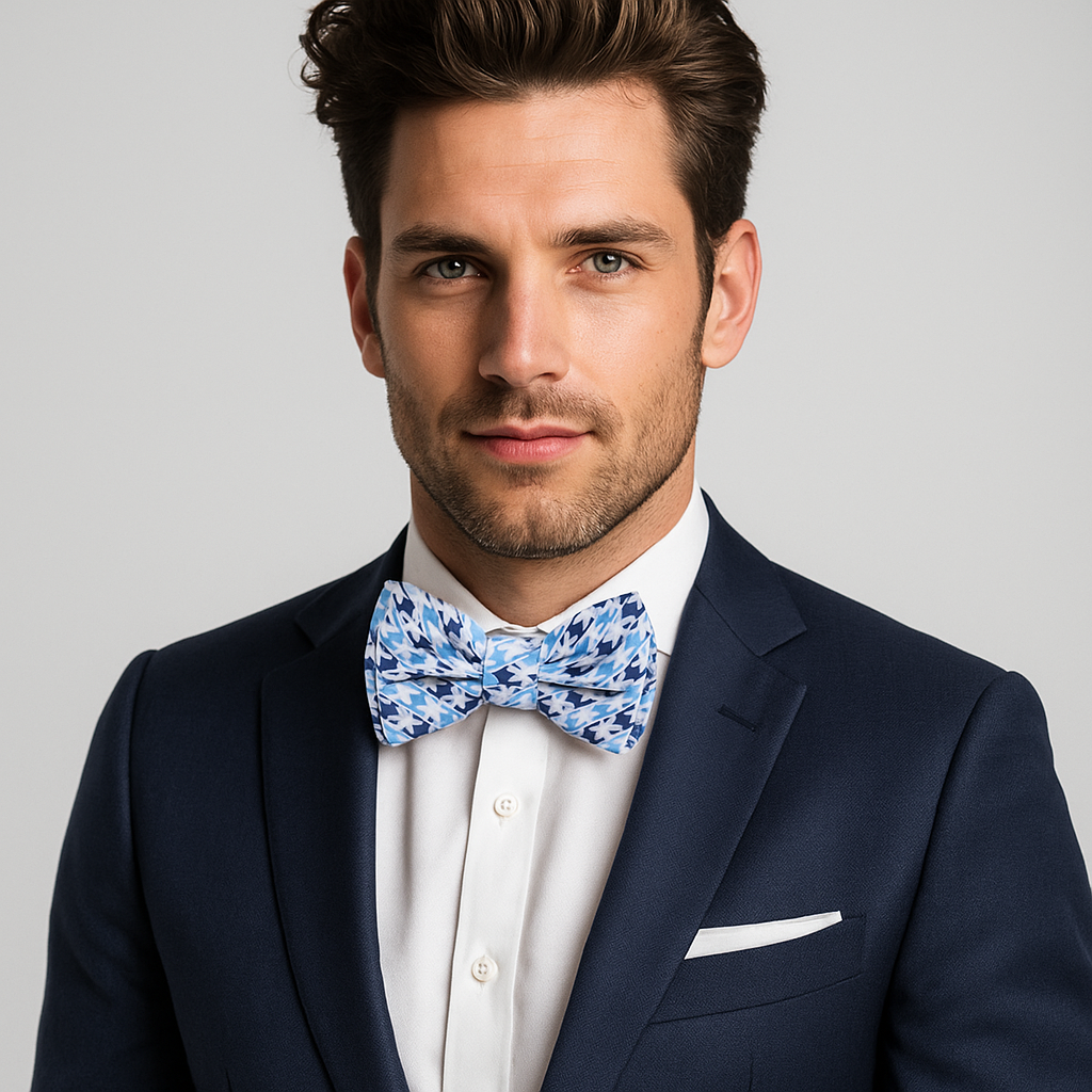 White Blue Abstract Hounds Tooth Sonic Bow Tie and Accenting White Square