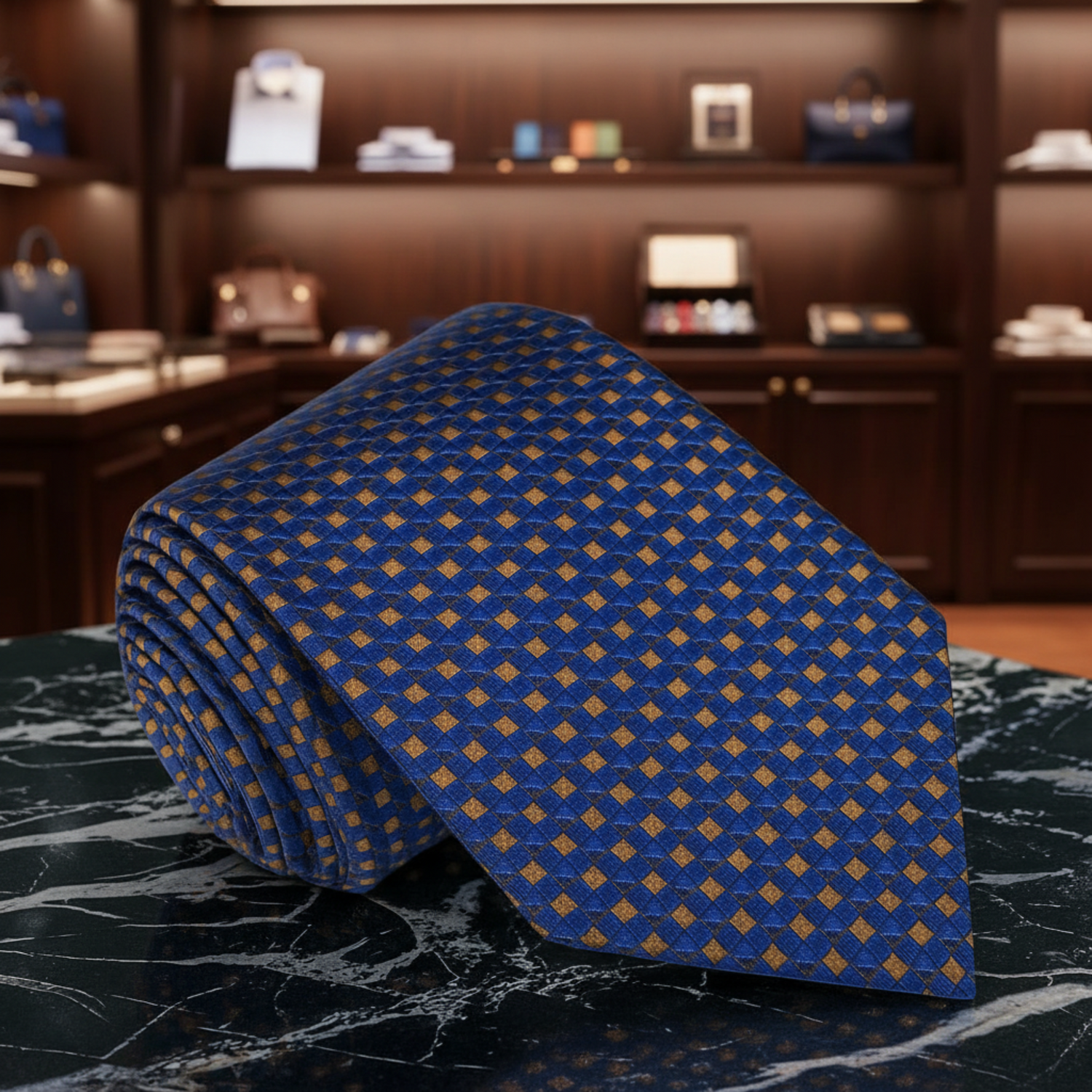 Blue patterned tie on a dark surface with upscale store in the background