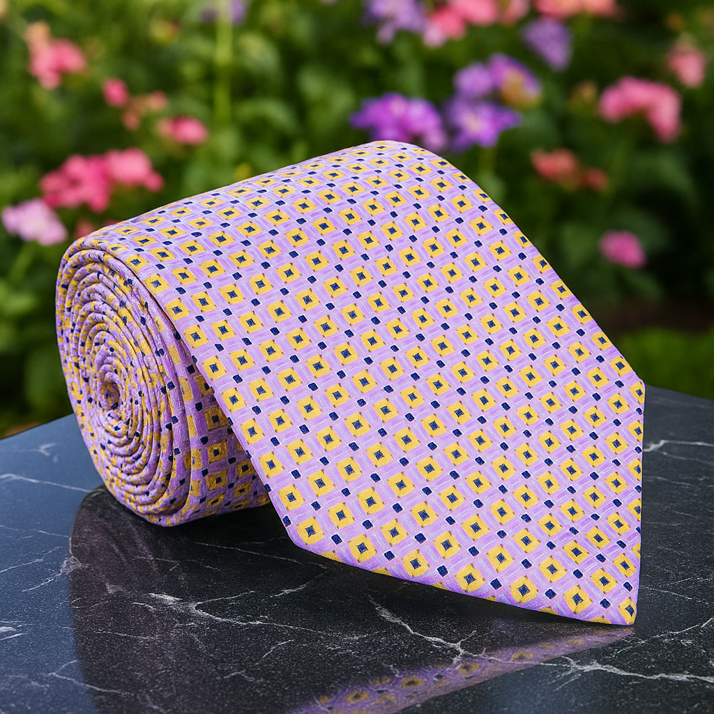 A Lavender, Golden Yellow, Black Check Pattern Necktie 