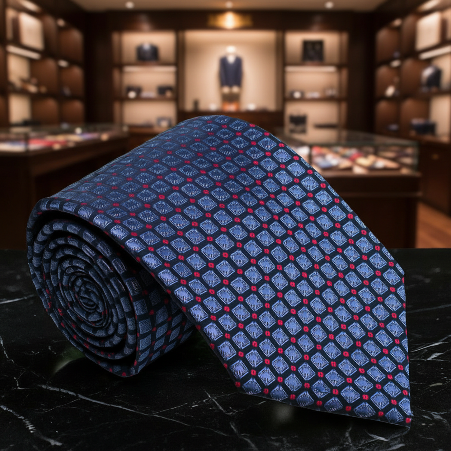 Blue patterned tie on a dark surface with a blurred floral background