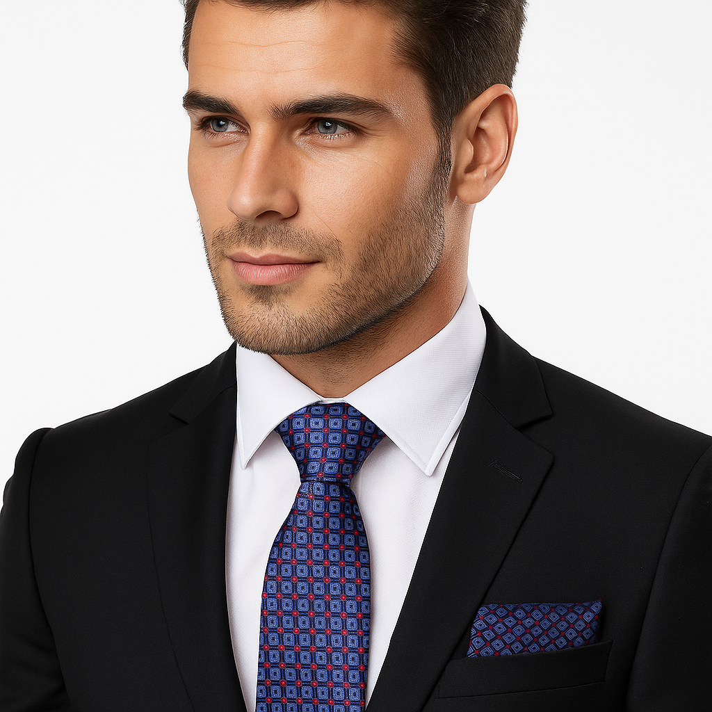Man wearing a black suit with a blue and red geometric patterned tie and pocket square on a white background