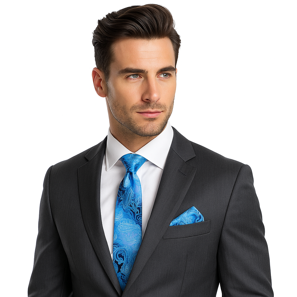 Man wearing a black suit with a blue tie and pocket square on a white background