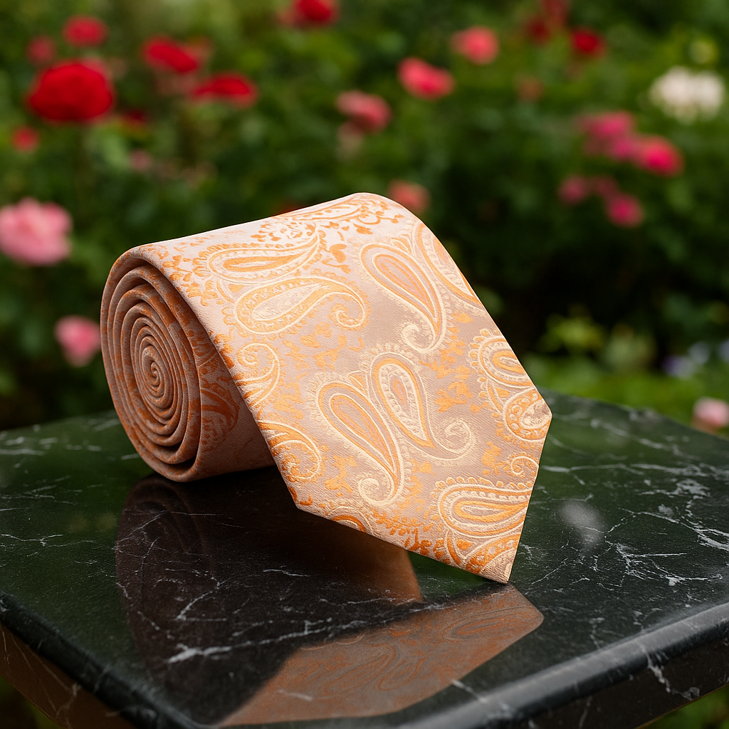 Rolled-up orange paisley tie on a dark surface with blurred flowers in the background