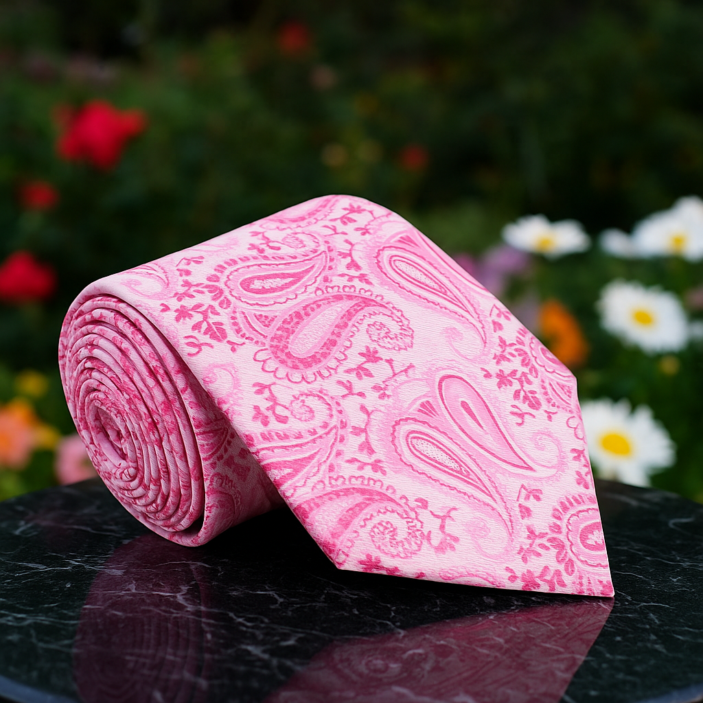 Pink paisley-patterned tie on a dark surface with flowers in the background