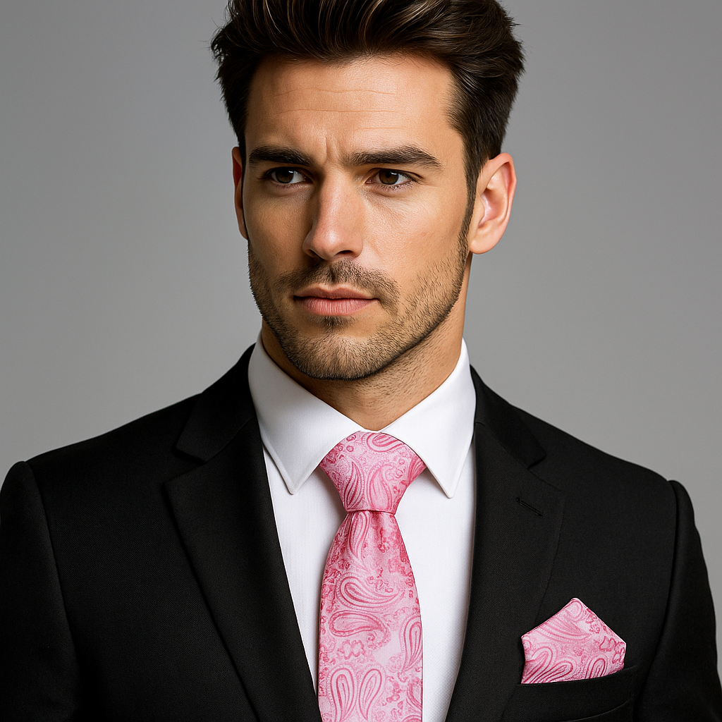 Man wearing a black suit with a pink tie and pocket square on a gray background