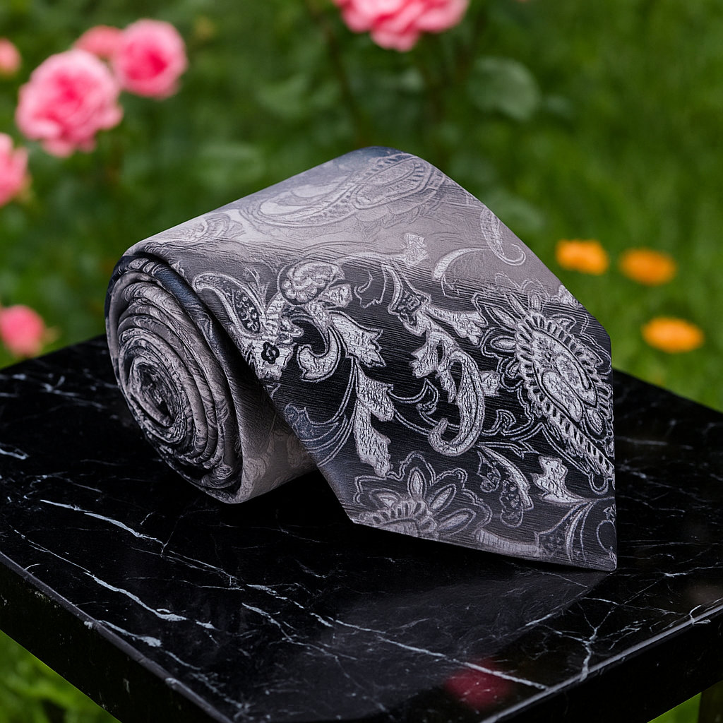 A Steel Grey, Light Grey Paisley Pattern Necktie 
