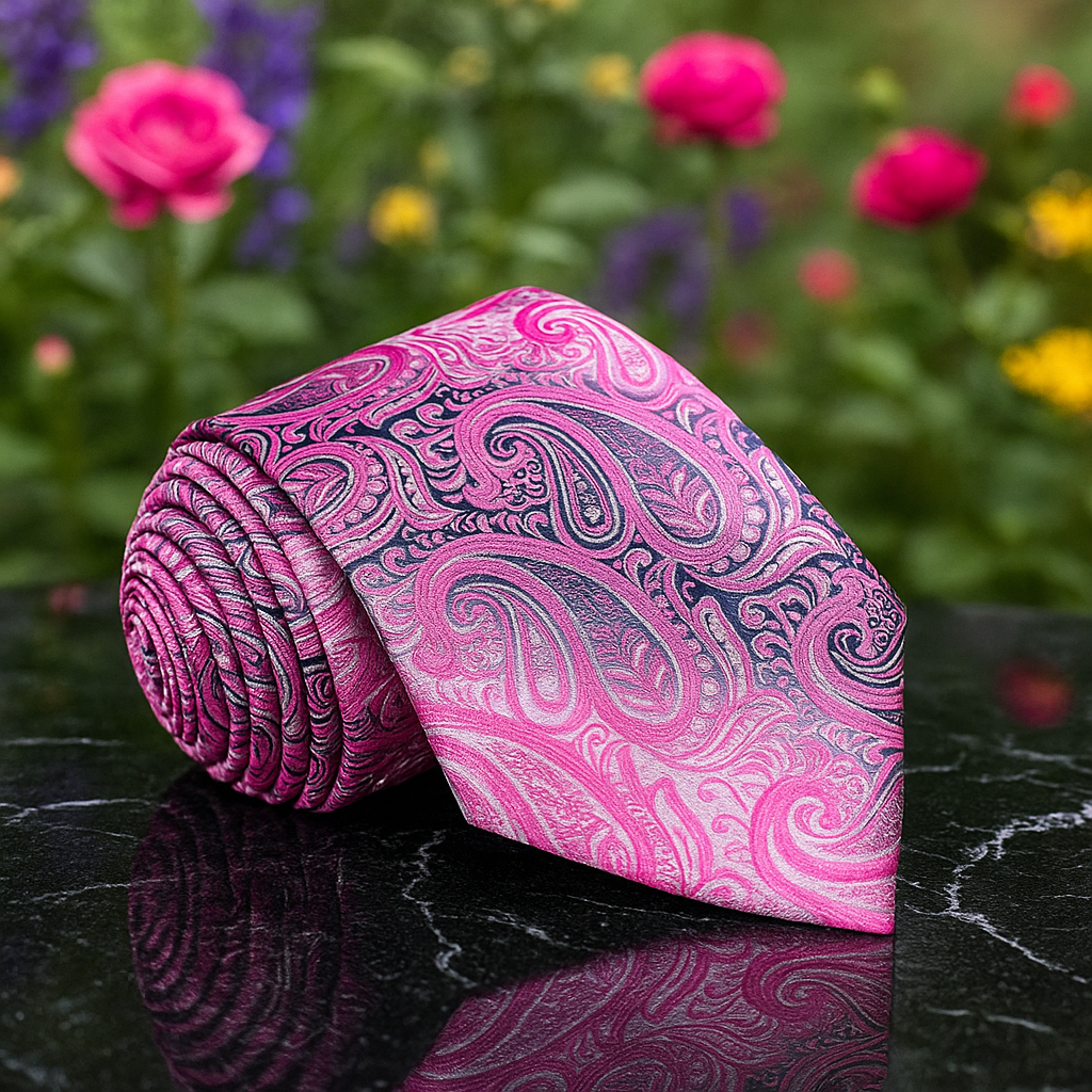 A Steel Grey, Pink Paisley Pattern Necktie