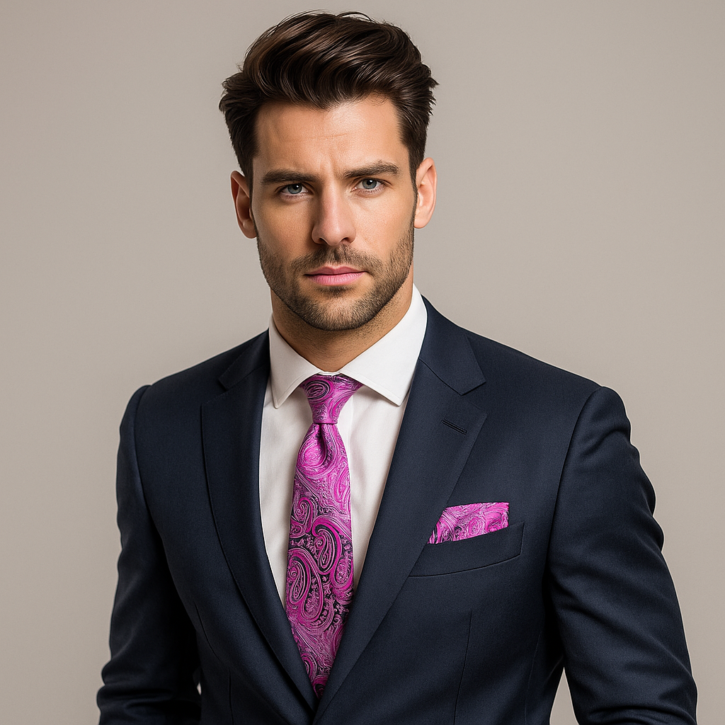 Man wearing a navy suit with a pink paisley tie and pocket square on a beige background