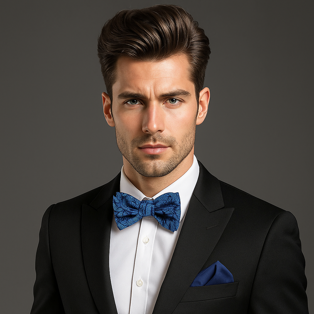 Man wearing a black suit with a blue bow tie and pocket square on a gray background