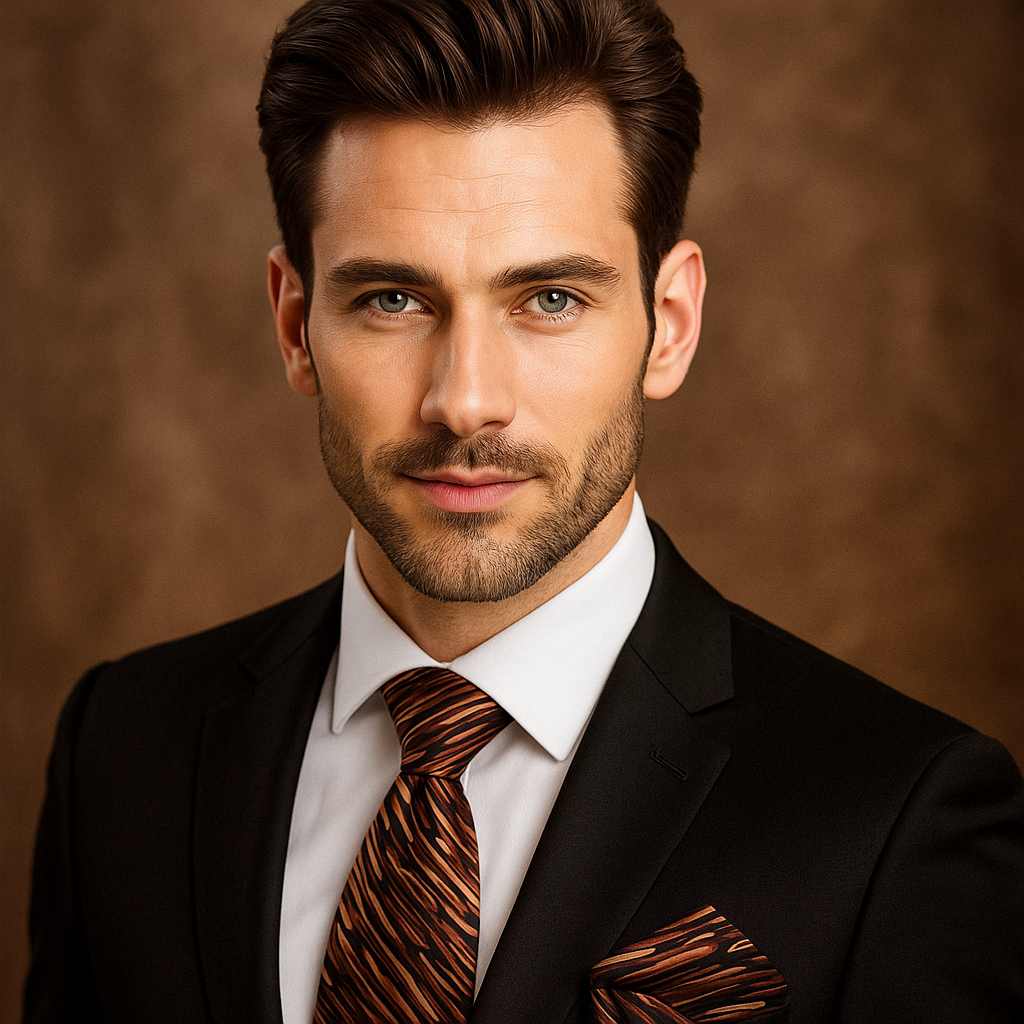Man wearing a black suit with a patterned tie against a brown background