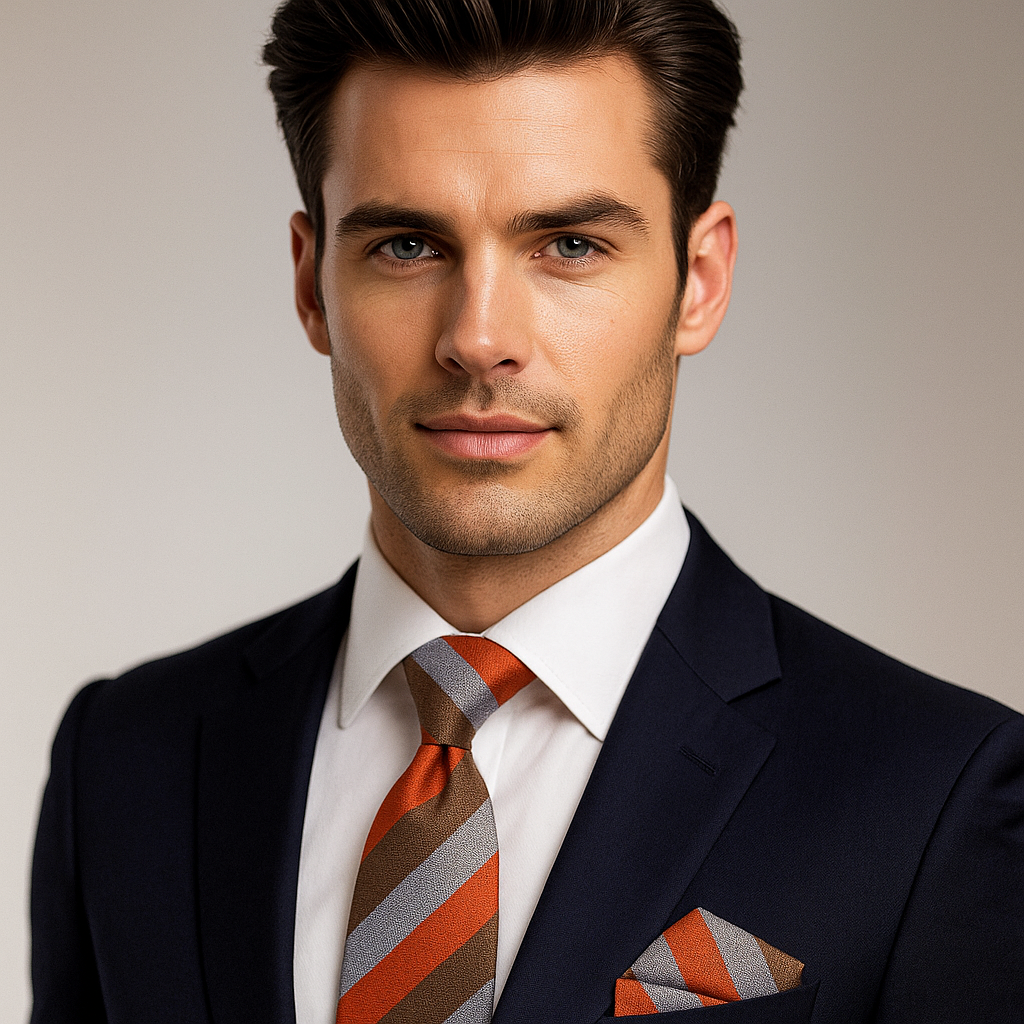 Man wearing a dark suit with an orange and gray striped tie against a neutral background