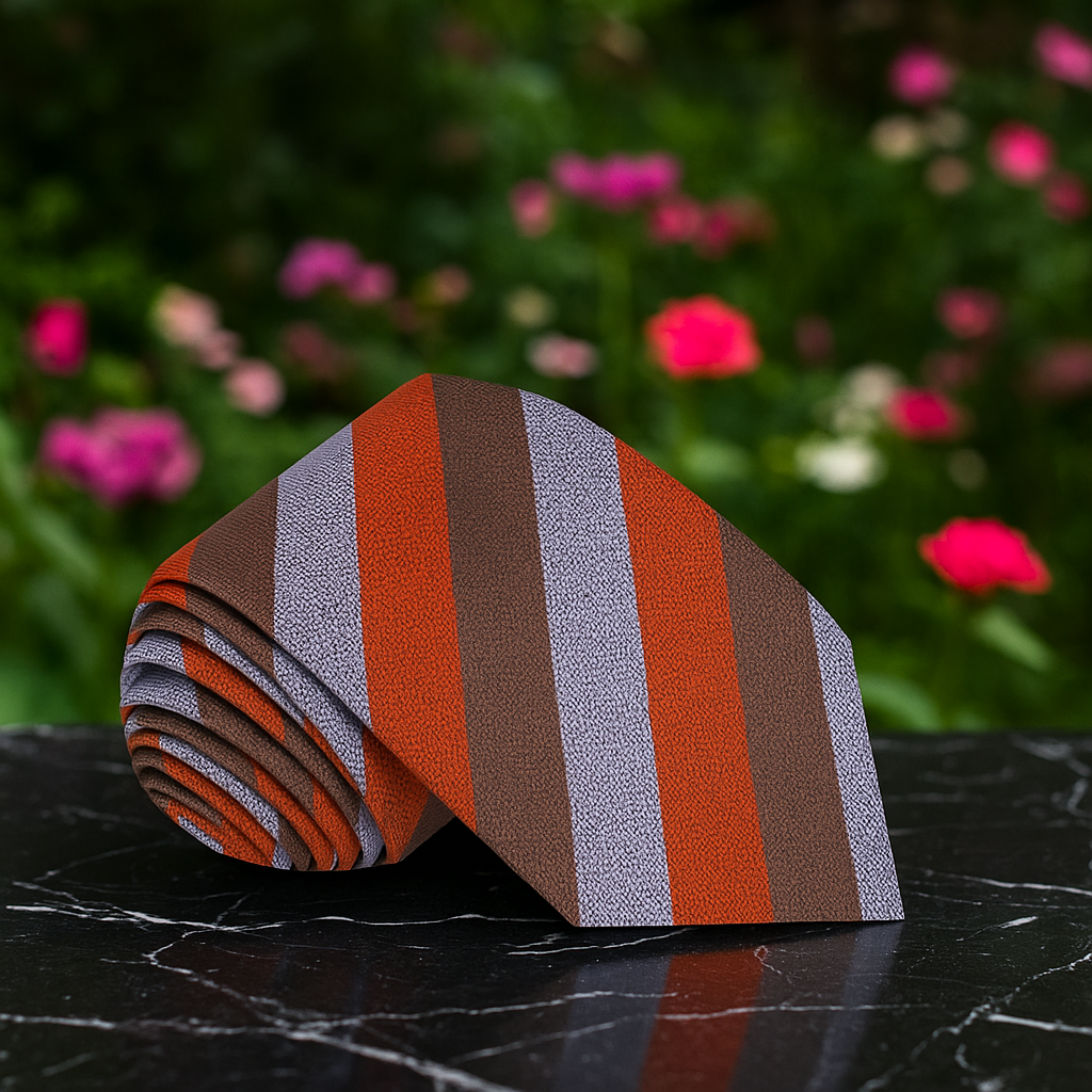 Striped tie with red orange, brown, and gray pattern on a dark surface with blurred flowers in the background