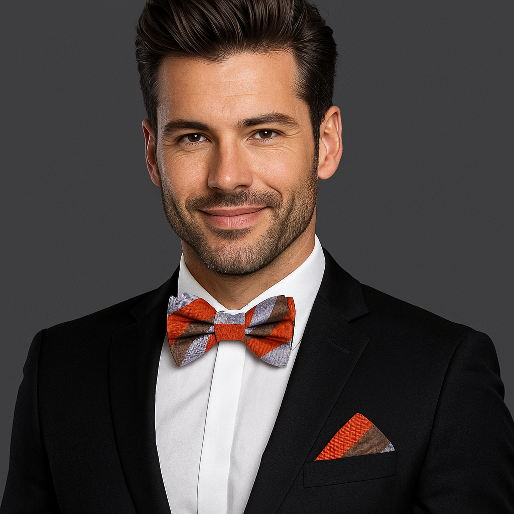 Brown Grey Red Mecca Stripe Bow Tie and Square on man Wearing Suit