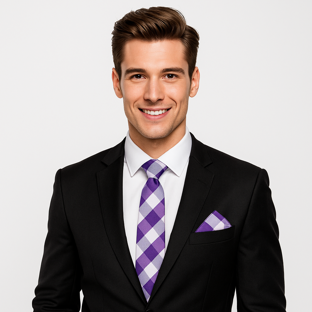 Man wearing a black suit with a purple checkered tie and pocket square on a light gray background