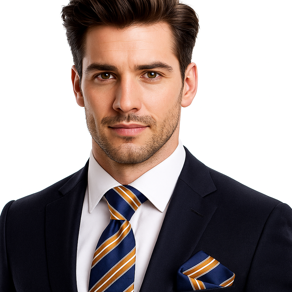 Man wearing a dark suit with a striped tie and pocket square on a white background