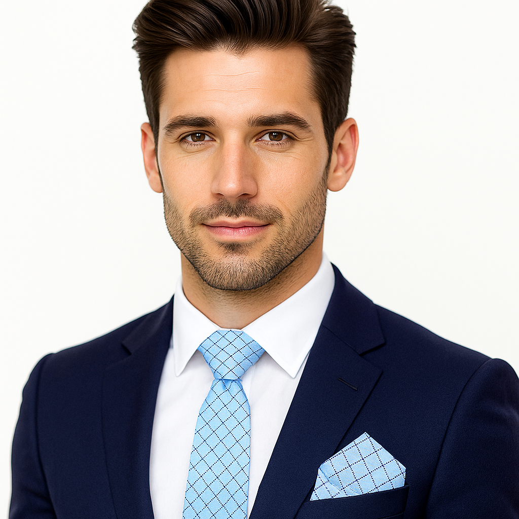 Man wearing a navy suit with a light blue tie and pocket square on a white background